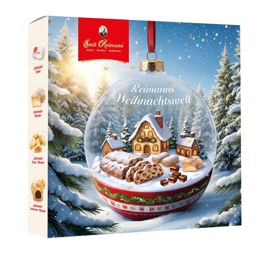 Emil Reimann Adventskalender 2026 mit winterlichem Schneekugelmotiv und 24 Türchen