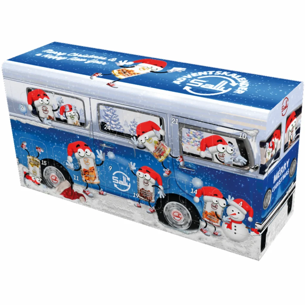 Sally Truck Adventskalender 2026 in weihnachtlichem Bus-Design mit 24 Türchen und abwechslungsreichen Snacks